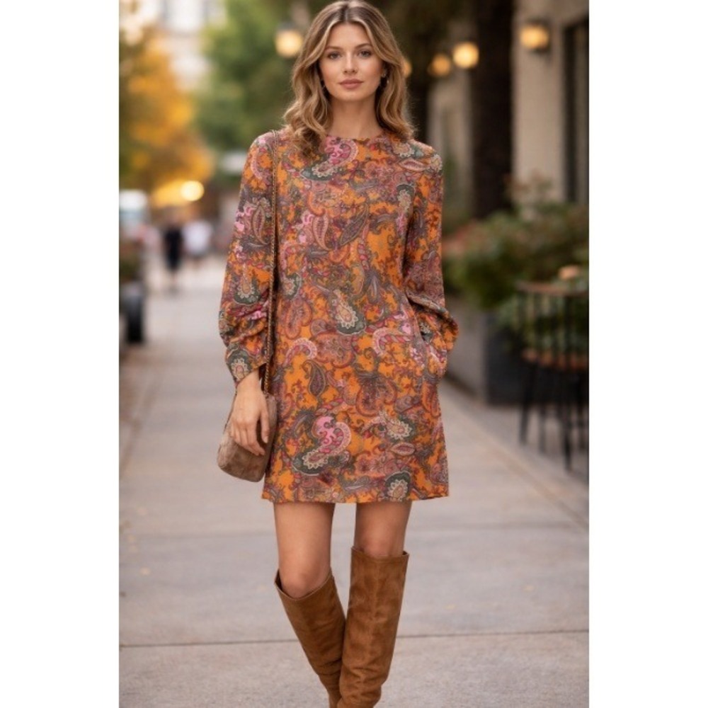 Code X Mode Paisley Ruched Sleeve Shift Dress Orange Gold Medium, side pockets